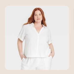 Universal Thread Linen Blend Popover L White Collared Short Sleeve